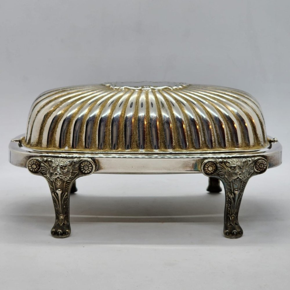 Vintage FB rogers silver co ornate ribbed hinged butter dish Lion head Paw feet